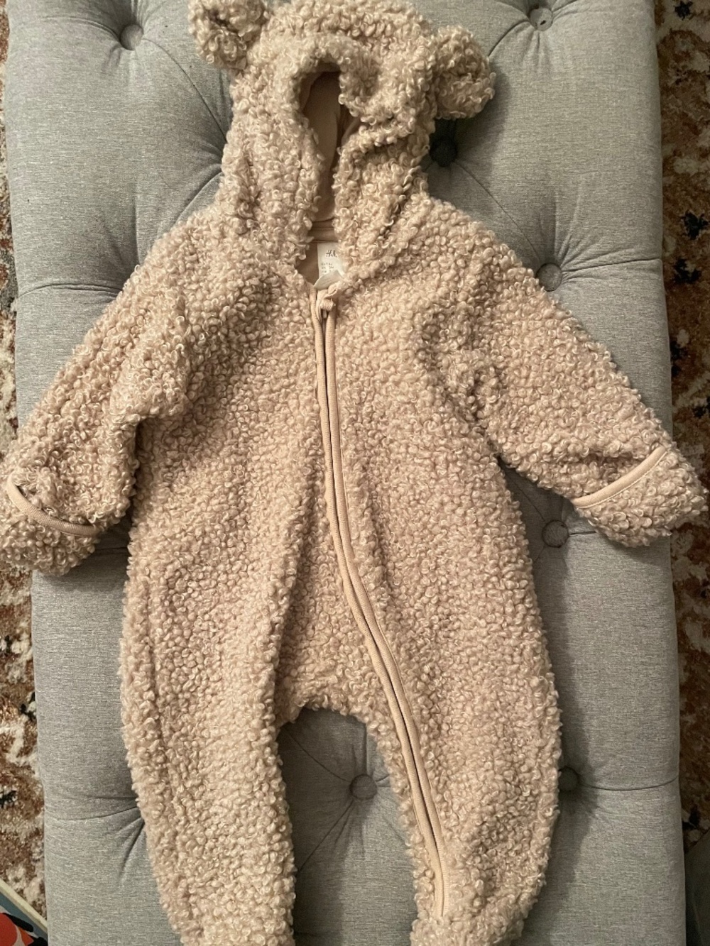 H&M Beige Pile Teddy Fleece Hooded Bear Bunting Pram Suit 2-4M